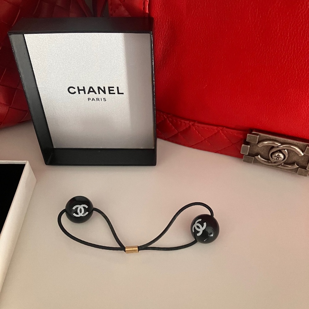 CHANEL Authentic Logo Hair Tie Ponytail Holder in Box